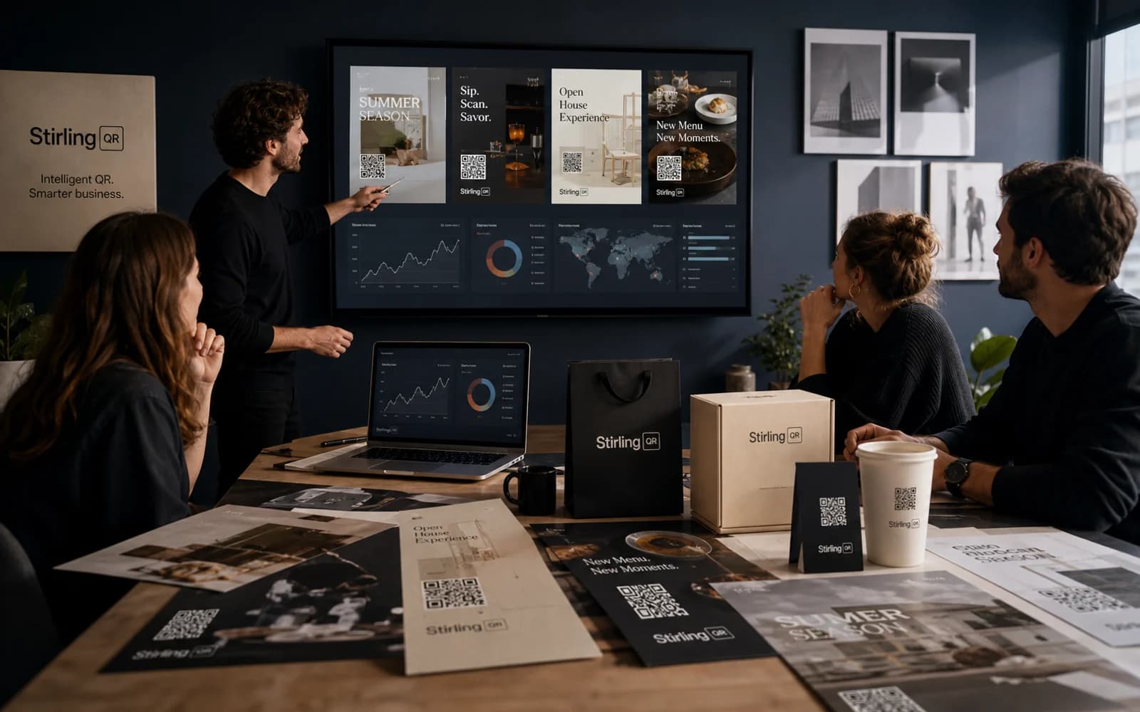 An agency team reviewing branded QR campaigns