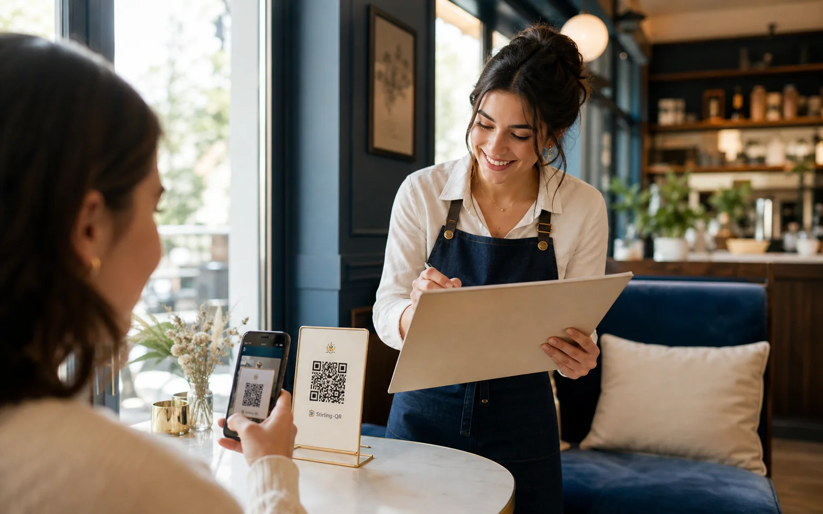 A restaurant guest scanning a menu QR code