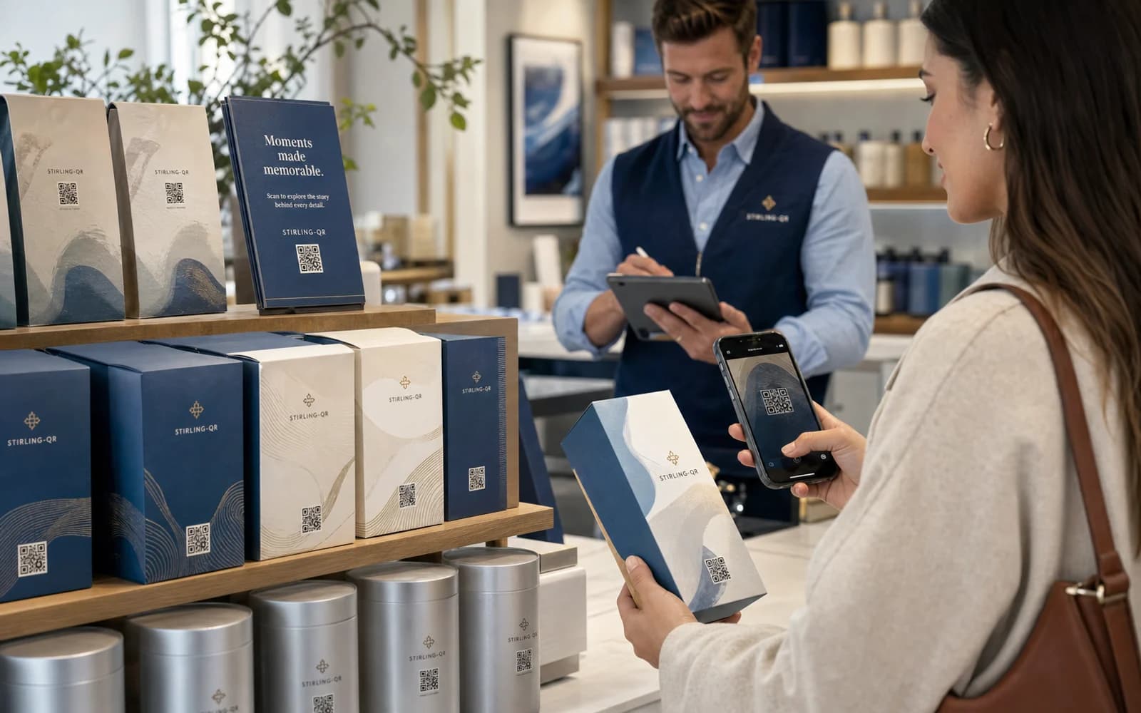 A shopper scanning a QR code beside a retail display